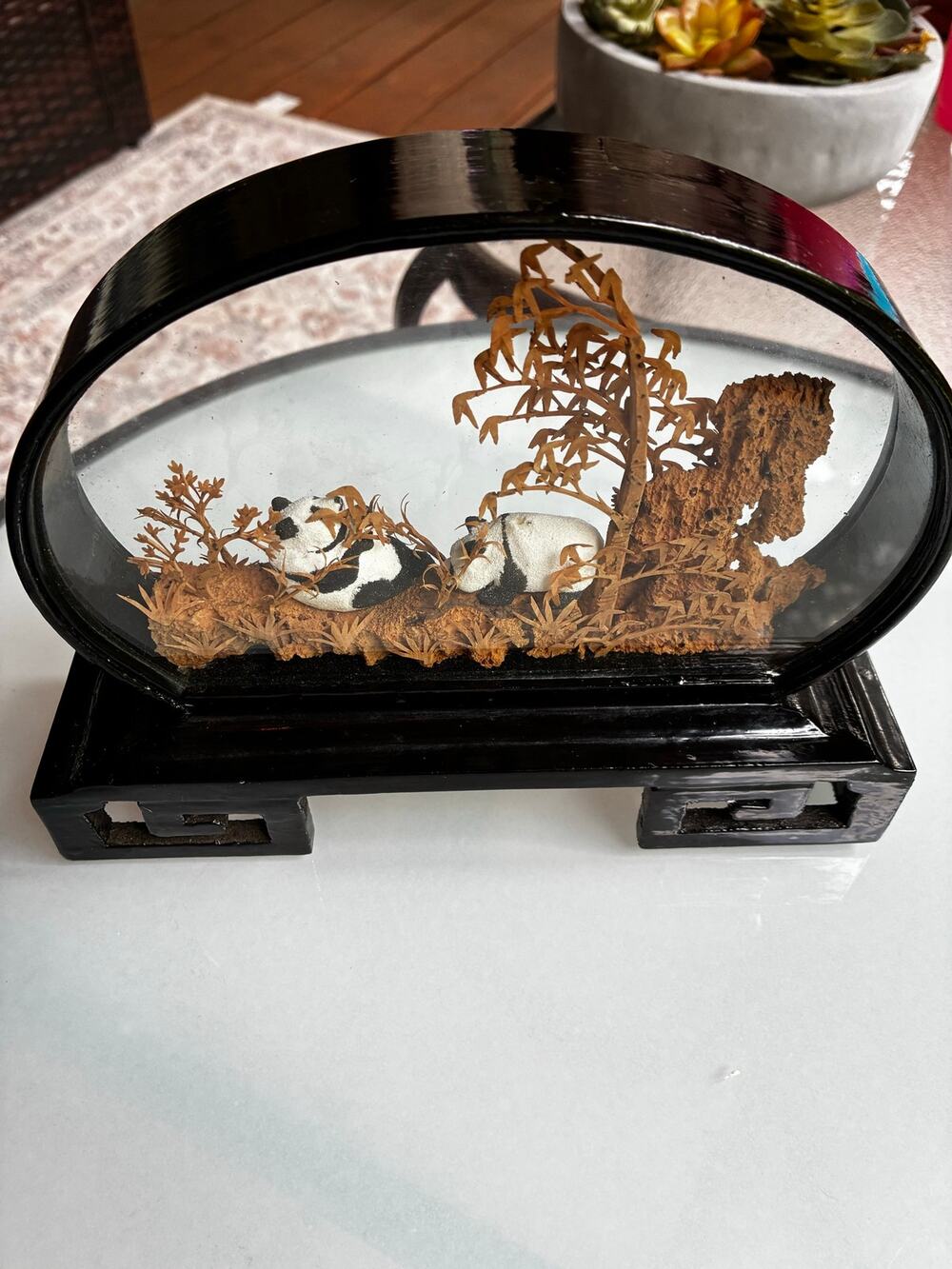 Vintage Chinese Cork Art Panda Diorama Glass Display Case Bamboo Landscape